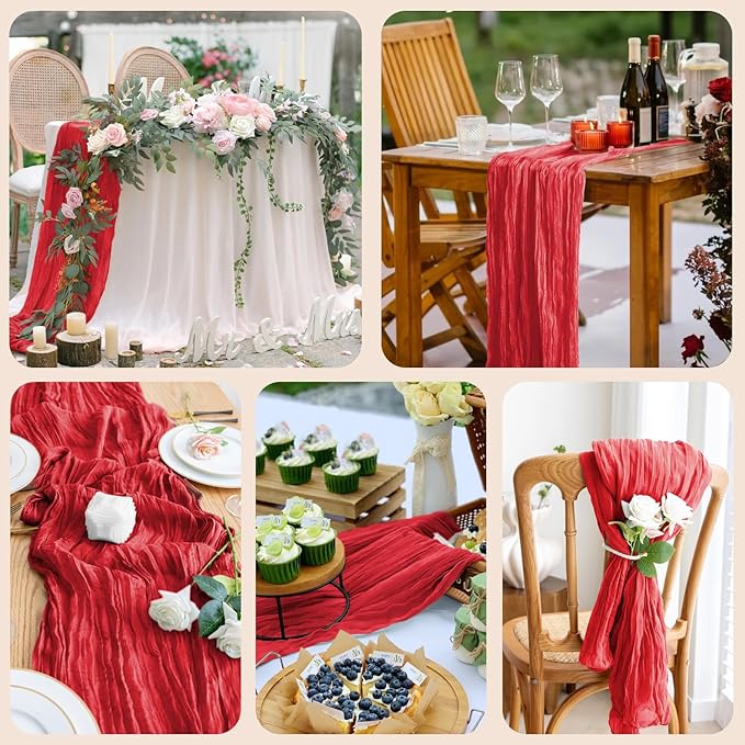 4PCS Table Runner Cheesecloth 10FT Red Boho Gauze Cheese Cloth Rustic Sheer Table Runners for Wedding Birthday Bridal Baby Shower Party Decoration