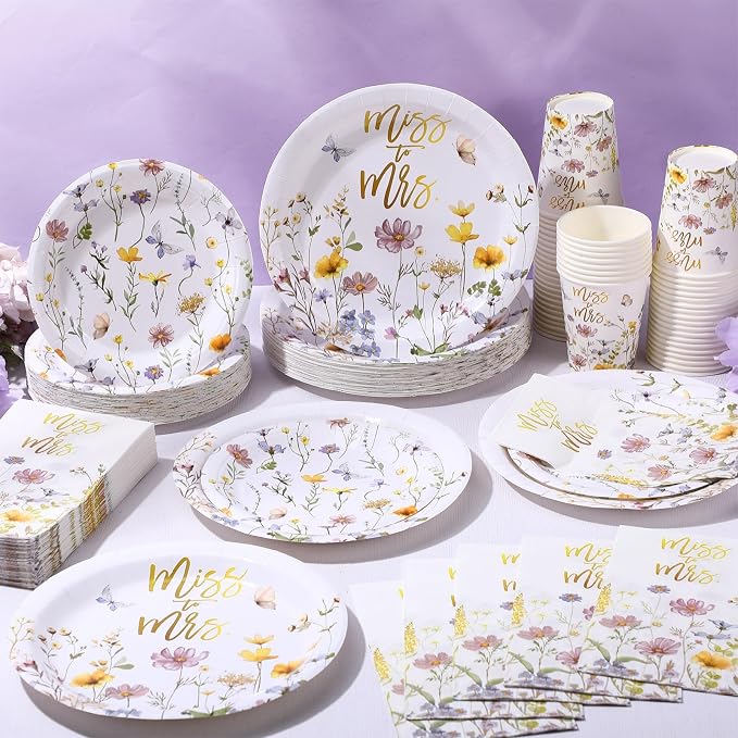 Funnymoom 250 Pcs Miss to Mrs Wildflower Party Decorations Floral Wedding Paper Plates Napkins and Cups Disposable Tableware Set for Wedding Bridal Shower Engagement Party Supplies, Serves 50