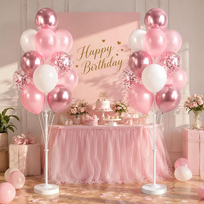 Balloon Column Stand Kit with 10inch Metallic Pink Confetti Balloons, Base&Pole,Balloon Column Kit for Floor&Table Decoration for Party Wedding Bridal Baby Shower Birthday