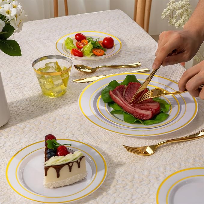 150 PCS Gold Disposable Dinnerware Set for 25 Guests, Gold and White Plastic Plates for Party, 25 Dinner & Salad Plates, 25 Cups, 25 Forks Knives Spoons for Wedding and Party Supplies