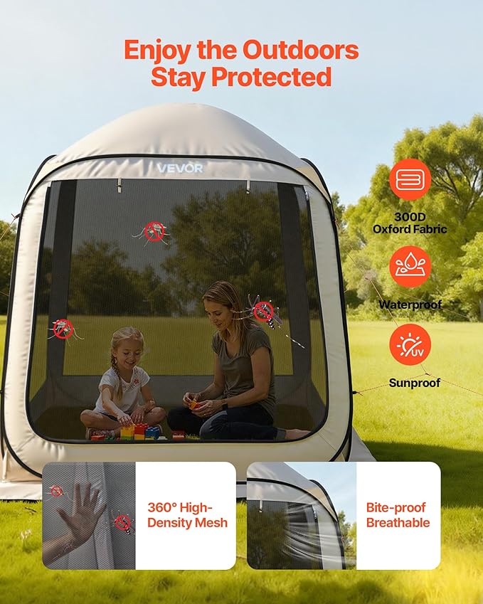 VEVOR Screen House Tent 6x6FT Pop-Up Screen Tent for 4–6 Person, Portable Screen Room Gazebo with Netting, Carry Bag & Ground Stakes, Instant Screen Canopy for Patio Backyard Garden Camping