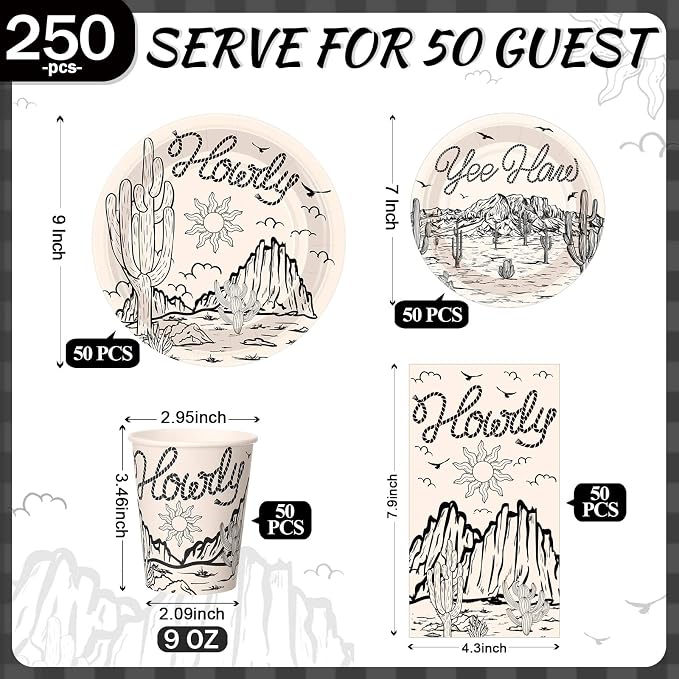 Pickmesh 250 Pcs Western Cowboy Cowgirl Party Decorations Black Wild West Disposable Tableware Set Howdy Yee Haw Paper Plates Napkins and Cups for Rodeo Birthday Baby Shower Party Decorations Serve 50