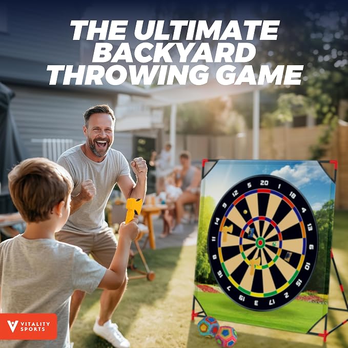 Vitality Sports 4-in-1 Sport Game with Stand - Golf Target Battle Games with Putting Mat, 12 Sticky Balls, 6 Axes, 2 Soccer Balls, 8 Bean Bags, Axe Throwing Game for Backyard