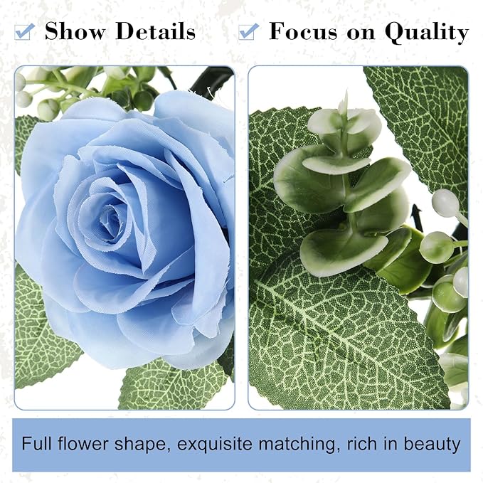 Yunlly 12 Pcs Rose Candle Rings with Flameless Candles Sets, Artificial Flower Eucalyptus Wedding Centerpiece 3 Inch Pillar Candleholders Wreaths for Wedding Party Mother's Day (Blue)