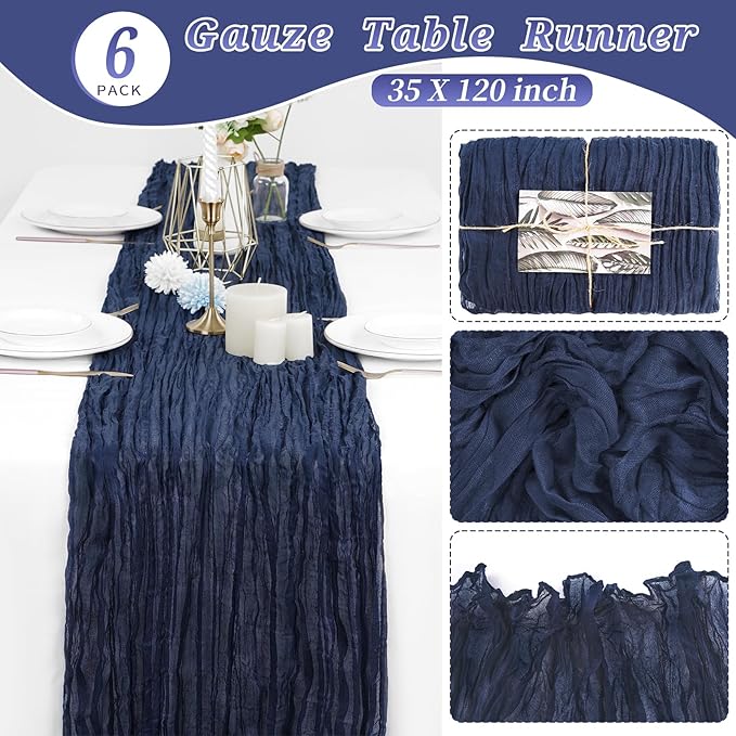 6 Pcs Navy Blue Cheesecloth Table Runner 10FT, Gauze Table Runner for Wedding Reception Sheer Bridal Shower Birthday Party Boho Table Decoration, Rustic Romantic Wedding Runner