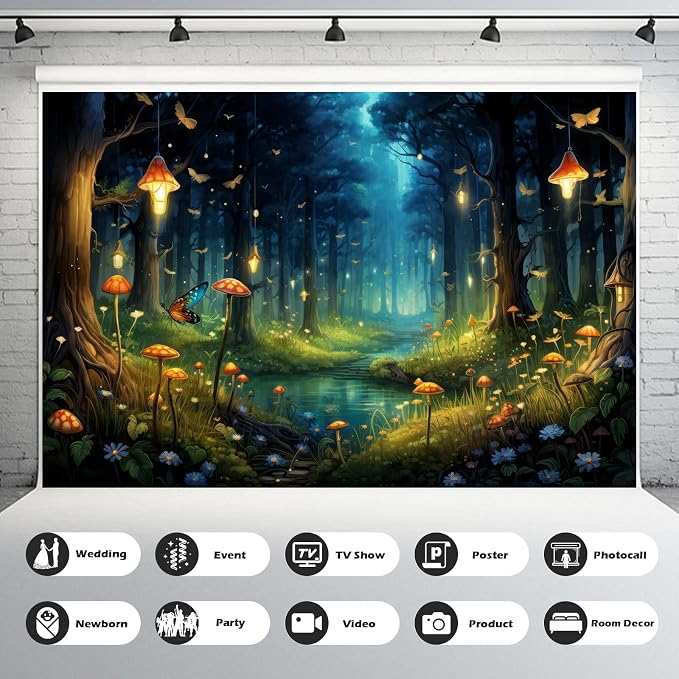 Fantasy Forest Backdrop Night Magical Forest Mushroom Tranquil Stream Photography Background Rainforest Jungle Tree Natural Landscape Backdrop Decorations Glittering Luminous Mushroom Props 8x6ft