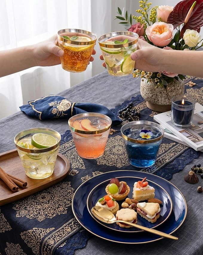 bUCLA 150PCS Blue and Gold Plastic Plates - 25 Guests Navy Blue Plastic Dinnerware Disposable for Party & 4th of July - Include 25 Dinner/Dessert Plates, 25 Knives, 25 Forks, 25 Spoons, 25 Cups