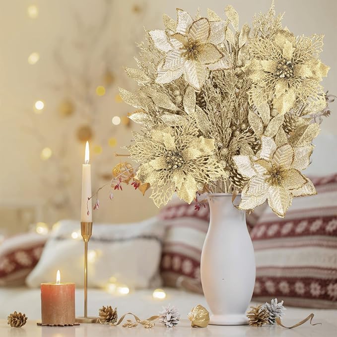 Winlyn 35 Pcs Christmas Artificial Poinsettia Flower Stems and Artificial Leaf Picks Champagne Glitter Christmas Floral Stems for Champagne Christmas Tree Decor DIY Wreath Holiday Floral Arrangement