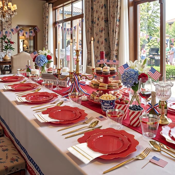 WDF 175Pcs Red Plates - Red Plastic Plates with Gold Rim - Fancy Disposable Dinnerware Sets Ideal for Party/Wedding/Spring/4th of July/Memorial Day