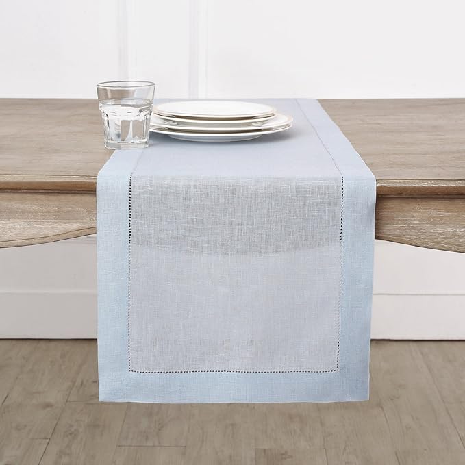 Solino Home Linen Light Blue Table Runner 144 Inches Long - 100% Pure Linen Extra Long Table Runner 14 x 144 Inch for Spring, Summer, Mothers Day - Classic Hemstitch