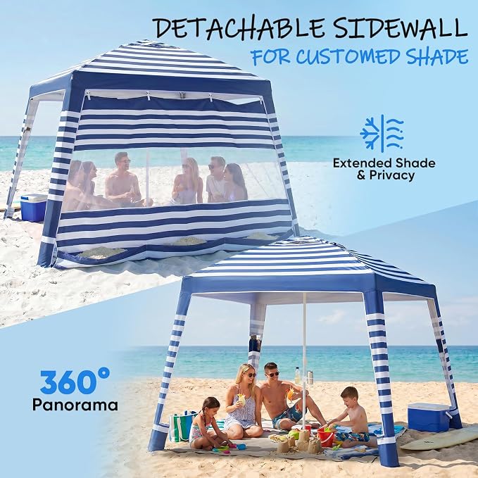 Sekey Beach Cabana - 8x8 FT Easy Setup Beach Shade Canopy UPF 50+ Sun Shelter with Sandbag & Side Wall, Large Portable Outdoor Tent for Family, Navy Stripe