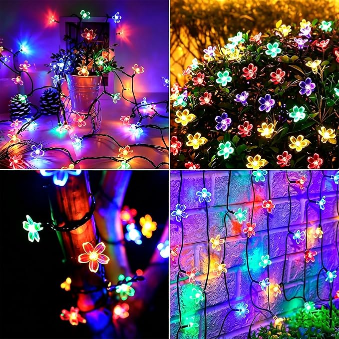 Solar String Flower Lights Outdoor 100 LED 40Ft Multi-Color Christmas Fairy Lights with 8 Lighting Modes, Waterproof Solar Lights Outdoor for Garden Christmas Wedding Party Xmas Tree Decoration