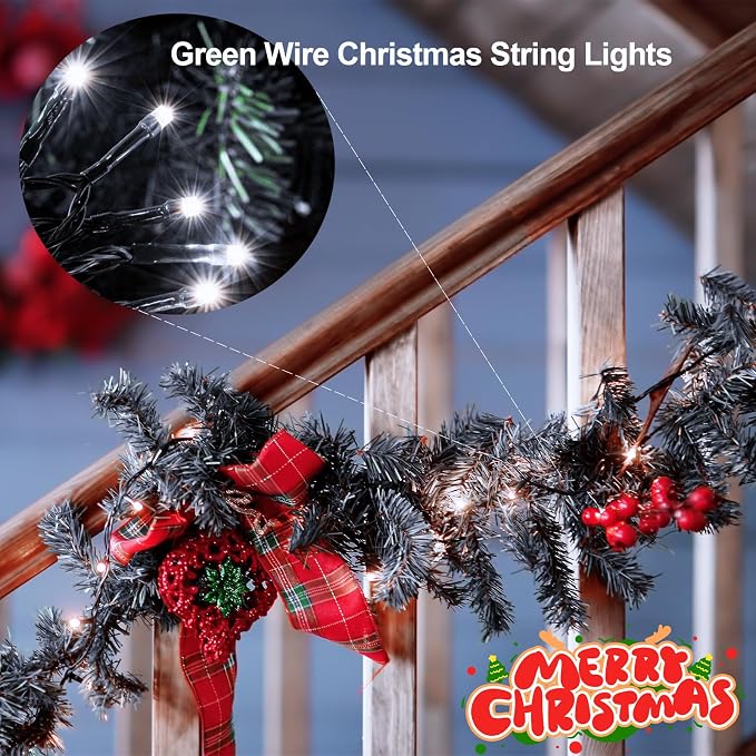 echosari 200 LED 66ft Battery Powered Christmas Lights, String Lights with Remote Timer, Outdoor Fairy String Lights Waterproof for Home Garden Party Christmas Trees Decoration (Cool White) | Green Wire, Remote Control, Timer, 8 Lighting Modes,Waterpro...