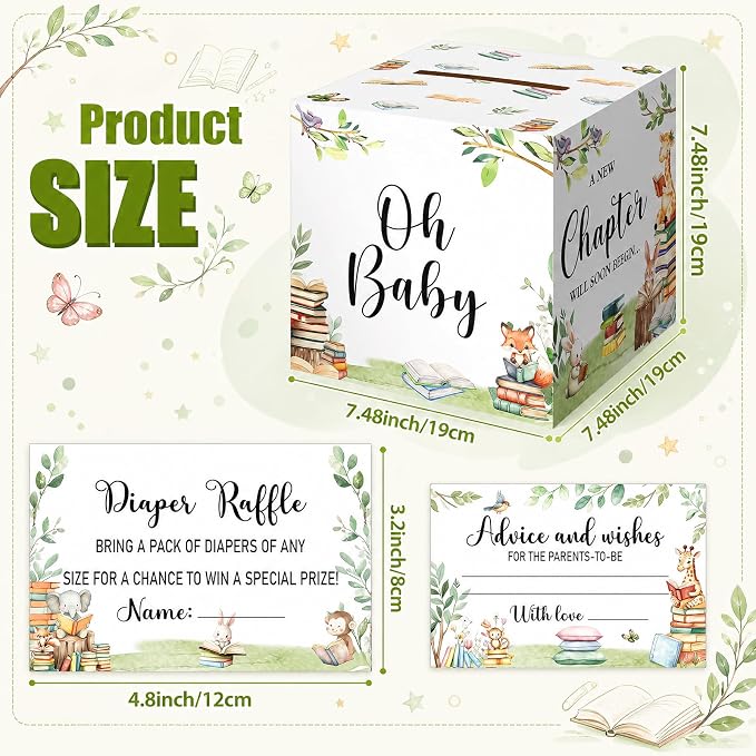 Teling 51 Pieces Diaper Raffle Tickets with Card Box Baby Shower Decorations Gender Reveal Holder Box for Girl Boy Diaper Raffle Party(A New Chapter Will Soon Begin,Storybook)