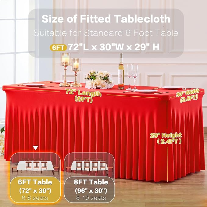 gogoparti 2 Pack Spandex Red Fitted Table Cloth for 6ft Rectangle Tables Red Stretch Tablecloth Table Covers Skirt Banquet Wrinkle Free Tablecloths for Parties Wedding