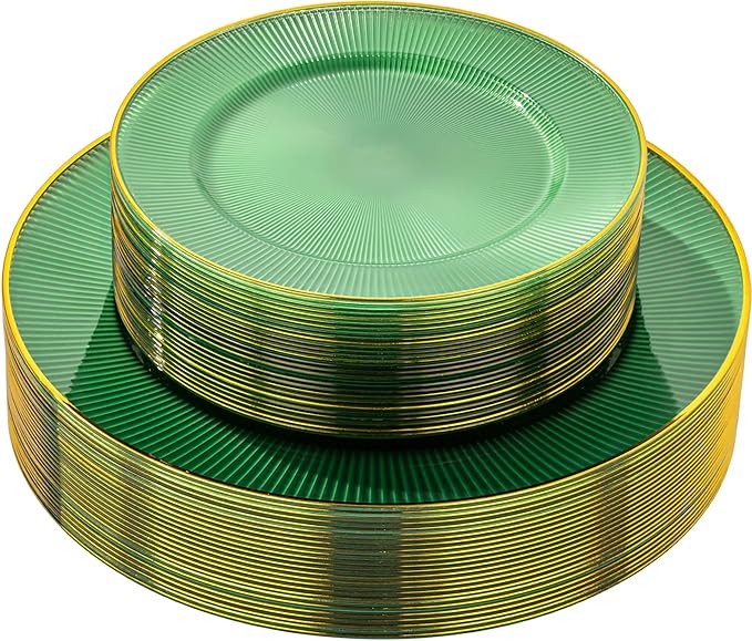 Hioasis 60pcs Green and Gold Plastic Plates - Green Disposable Dinnerware Set, 30pcs Dinner 10in & 30pcs Dessert 7in Plates with Striped Designs for Party & Wedding