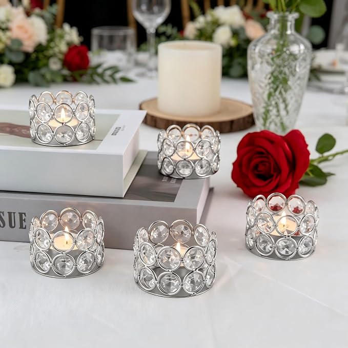 Silver Crystal Tea Light Candle Holders Set of 12 | for Wedding Home Table Centerpiece Decoration,Easter Gift(candle excluded)