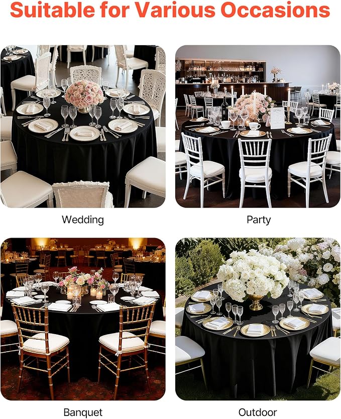 VEVOR Black Round Tablecloths 10 Pack, 120 Inches in Diameter, Stain- & Wrinkle- Resistant, Machine Washable Table Clothes, Polyester Fabric Table Covers for Wedding, Party, Banquet, Formal Events