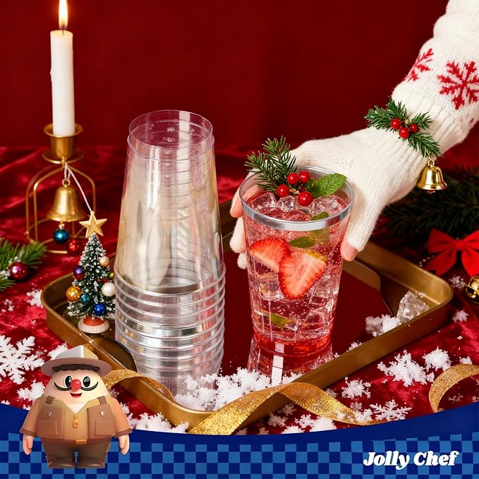 JOLLY CHEF 100 Pack Silver Plastic Cups, 12 oz Clear Plastic Cups Tumblers, Elegant Silver Rimmed Disposable Drink Glasses for Party Wedding, Thanksgiving Day, Christmas
