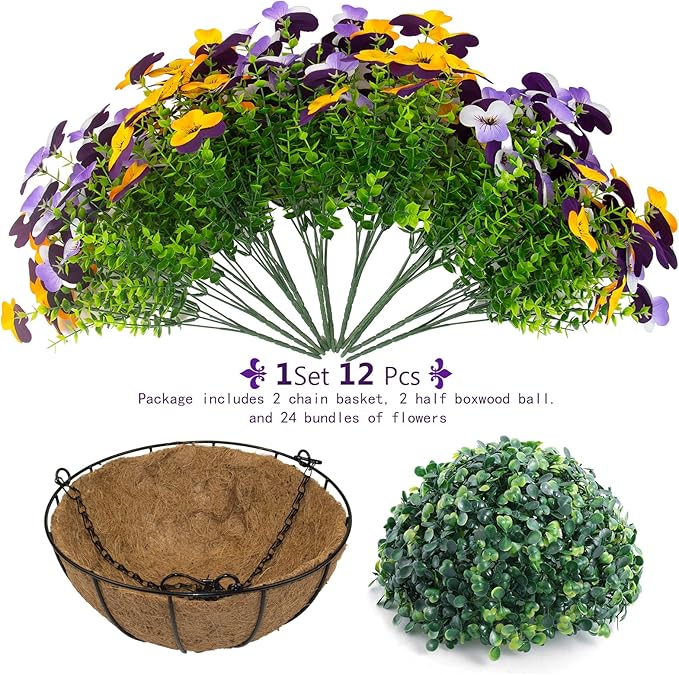 2 Set Artificial Outdoor Pansy Flowers with Hanging Baskets, 2 Hanging Baskets with 24 Pcs Silk Flowers for Spring Easter Decorations Porch Patio Home Decor (2, Purple, Yellow, White, Light Purple)