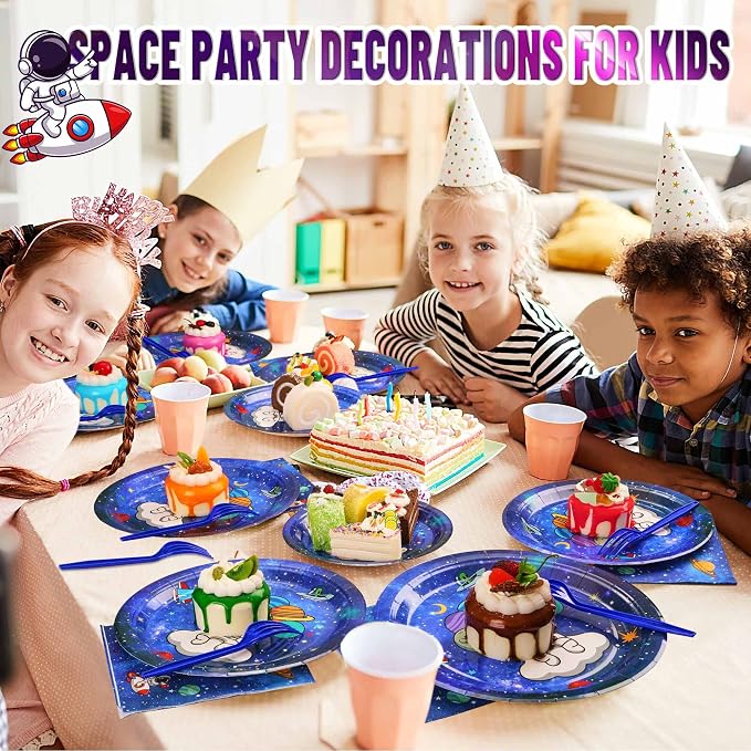 SCIONE 96 Pcs Space Theme Birthday Party Decorations Supplies Galaxy Party Tableware Set for 24 Guests Includes 24 9" Plates, 24 7" Plates, 24 6.5" Napkins, 24 Blue Forks