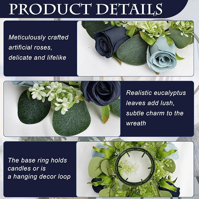6 Sets Rose Rings Wreaths with LED Candles - Artificial Roses Eucalyptus Wreath Wedding Centerpiece for Wedding Bridal Shower Banquet Table Decor - Navy Blue