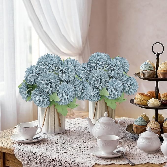 Pre-Made Flower Table Centerpieces, Set of 6 Artificial Silk Chrysanthemum with Farmhouse Metal Vases for Wedding, Birthday Parties, Home, Dining Table Decorations - Dusty Blue