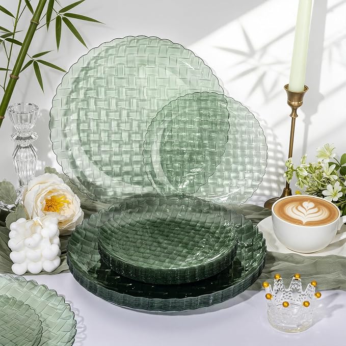 Festiva 60PCS Clear Sage Green Plastic Plates - Heavy Duty Weave Pattern Fancy Disposable Plates-serve for 30 guests Include 30PCS 10" & 30PCS 7" Plates for Wedding &Easter Party(Sage Green)
