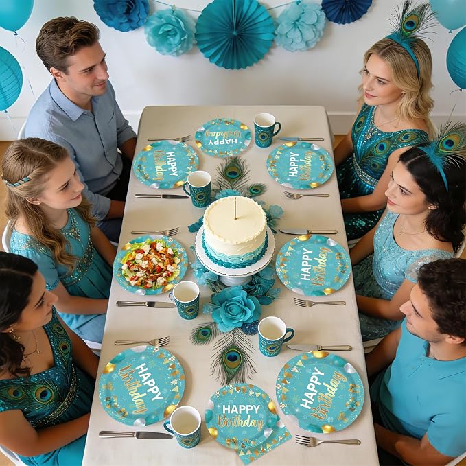 96 Pcs Teal Blue and Gold Birthday Party Supplies Happy Birthday Plates and Napkins Disposable Turquoise Aqua Teal Tableware Set for Men Women birthday Party Decorations Serves 24
