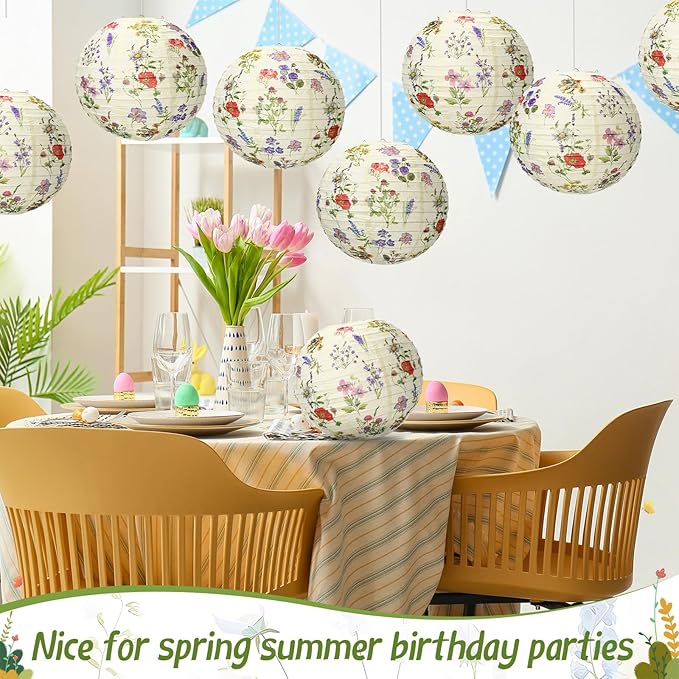 Honoson 12 Pcs Wildflower Paper Lanterns Spring Floral Wildflower Party Decorations Hanging 10 Inch Chinese Lanterns for Wedding Bridal Shower Baby Shower Tea Party Decorations