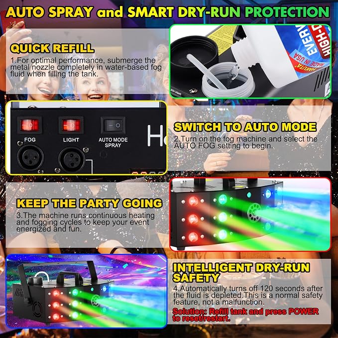 Hakuta Fog Machine Smoke Machine with 12 LED Colorful Beam Light DMX Light Control & Manual Control & Wireless Remote Perfect for Indoor Wedding, Halloween, Party and Stage Effect
