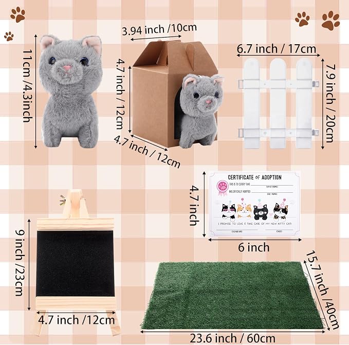 Blueweenly 84 Pcs Adopt a Pet Party Supplies 24 Mini Animals 10 White Plastic Fence 24 Paper Gift Boxes 24 Adoption Cards with Mini Chalkboard and Artificial Lawn(Cat)