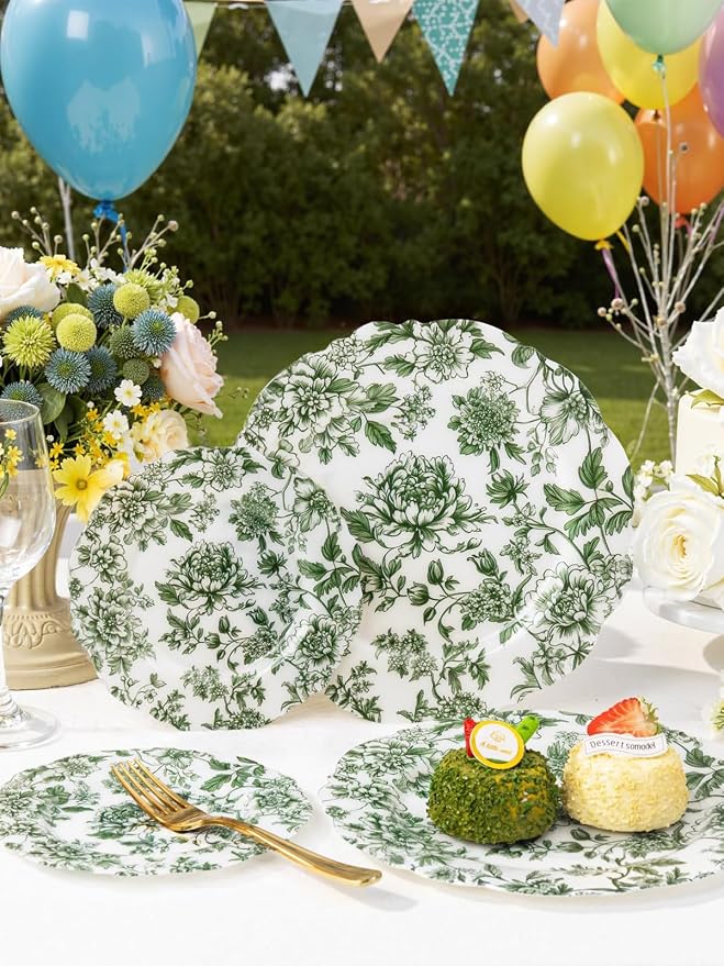 WDF 20PCS Green Plastic Plates Floral - Baroque White and Green Plates - Floral Party Decorations for Birthdays/Tea Party