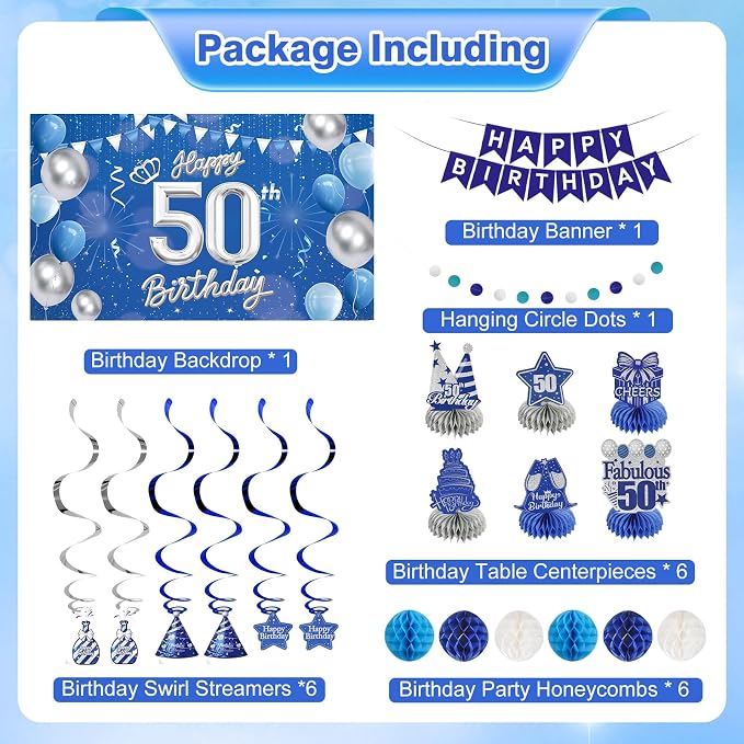 Happy 50th Birthday Party Decoration: Including Birthday Banner Backdrop, Party Table Centerpieces and Hanging Swirl Party Streamers, Birthday Decor for Men and Women (Blue, 50th Birthday)