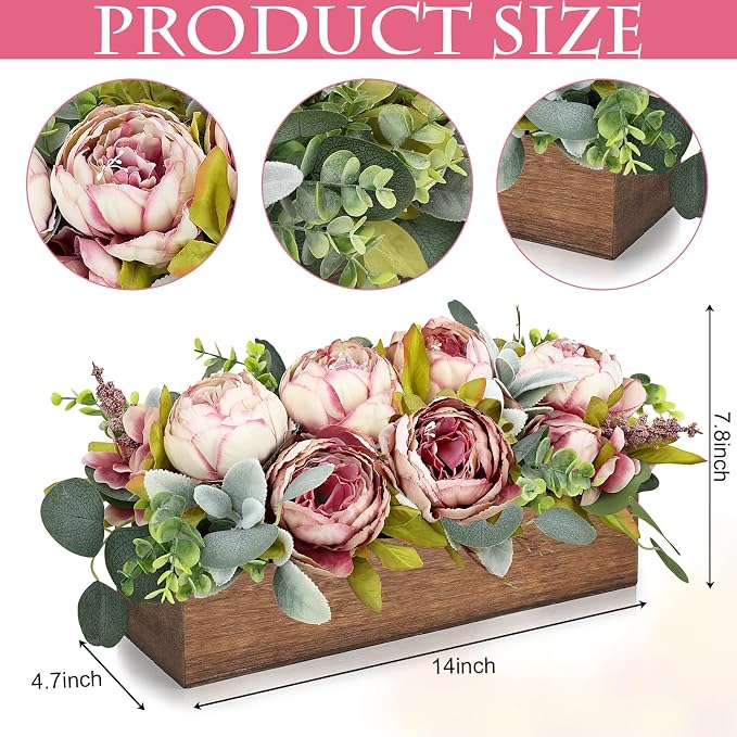Pre-Made Flower Table Centerpieces for Dining Room Wedding Artificial Peony Table Decorations Wood Tray with Fake Flowers for Living Room Party Bar Kitchen Table(Vintage Pink)
