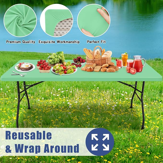 Moosfor Spandex 4 Foot Rectangle Table Cloth 4 Pack, Elastic Fitted Tablecloths for Picnic, Stretch Washable Patio Table Cover for Outdoor, Camping, Banquet and Parties (Bright Green, 30"x48")