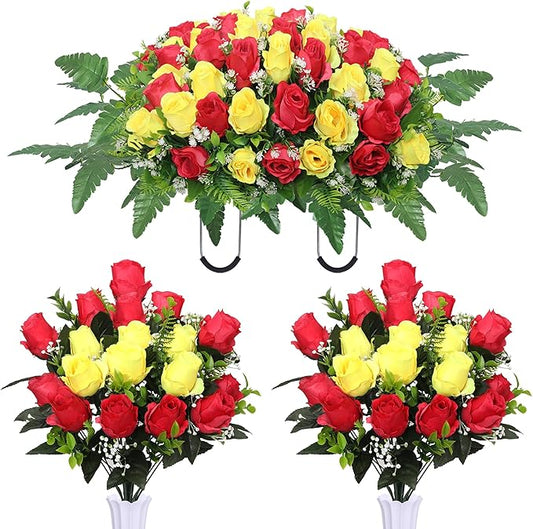 Artificial Cemetery Flower Saddles, Cemetery Memorial Flowers with Vase,Outdoor Grave Saddle Headstone Decorations, Artificial Rose Bouquet Grave Memorial Flowers (Red Yellow)