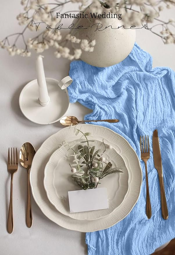 10 Pack Light Blue Cheesecloth Table Runner 17x108 Inch Semi Sheer Boho Gauze Cheese Cloth Table Runners, for Wedding Bridal Shower Birthday Party Home Decor Garden Farmhouse