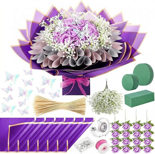 Marspark Graduation Money Bouquet Flower Kit Gift Included 20 Sheet Flower Wrapping Paper 36 Fake Flowers 100 Bamboo Skewer Floral Foam Block for Mother's Day Anniversary Wedding(Purple,Classic)