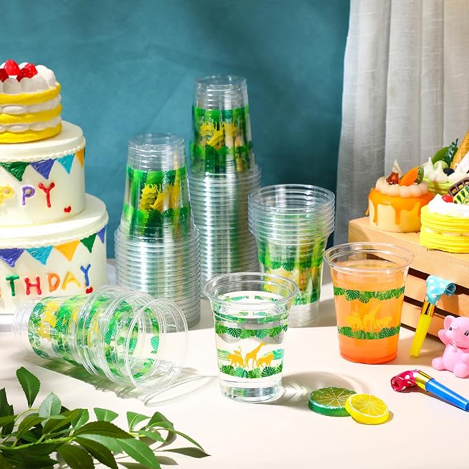 Funnymoom 60 Pack Jungle Safari Animals Cup 12 oz Wild Animals Disposable Clear Plastic Cups for Two Wild Zoo Jungle Safari Themed Birthday Baby Shower Party Decorations Supplies