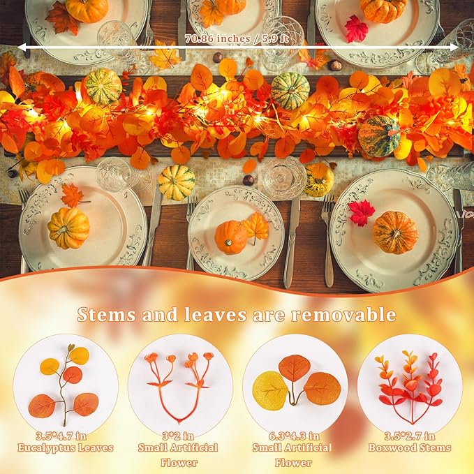 N&T NIETING Fall Eucalyptus Garland, 6FT Artificial Eucalyptus Garland with Lights, Fall Garlands Fall Decorations for Home Thanksgiving Table Fireplace Mantle Party Outdoor(4 Pack)