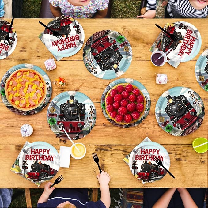 Grencian 96Pcs Train Birthday Party Decorations Vintage Steam Train Paper Plates and Napkins Retro Trains Disposable Tableware Sets for Boys Trains Themed Birthday Party Supplies Serves 24