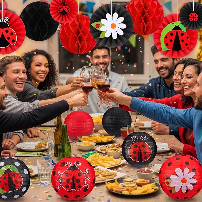 Retisee 18 Pcs Ladybug Party Decorations Kit Red Black Polka Dot Ladybug Flower Paper Lanterns Hanging Decoration Red Black Paper Fans Hanging Honeycomb Ball for Lady-Bug Birthday Party Supplies