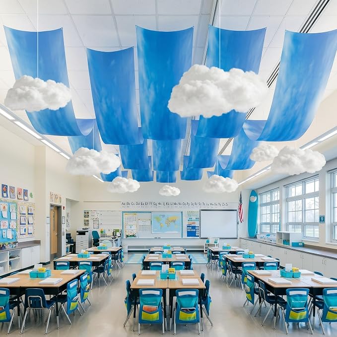 VioraWhite 13 Pcs Blue Sky White Cloud Ceiling Decor Include 12 x 2 ft Fluorescent Light Covers 8 Packs Imitation Artificial 3D Cloud Props Classroom DIY Hanging Ornament Picnic Party Decorations