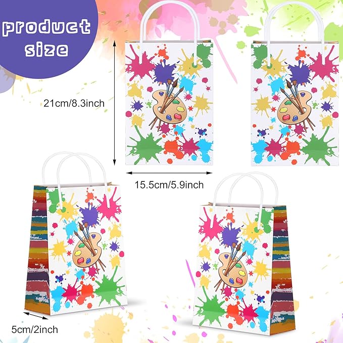 Pajean 36 Pieces Paint Splatter Party Bags with Handle Art Painting Candy Treat Goodie Gift Tote Bags Party Goodies Pouches for Birthday Baby Shower Decorations Gift Wrapping Supplies (Bright Style)