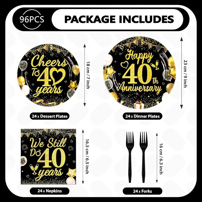 96Pcs 40th Wedding Anniversary Party Supplies Happy 40 Years Anniversary Plates and Napkins Black Gold Wedding Tableware Set for Cheers to 40 Years Party Supplies Serves 24