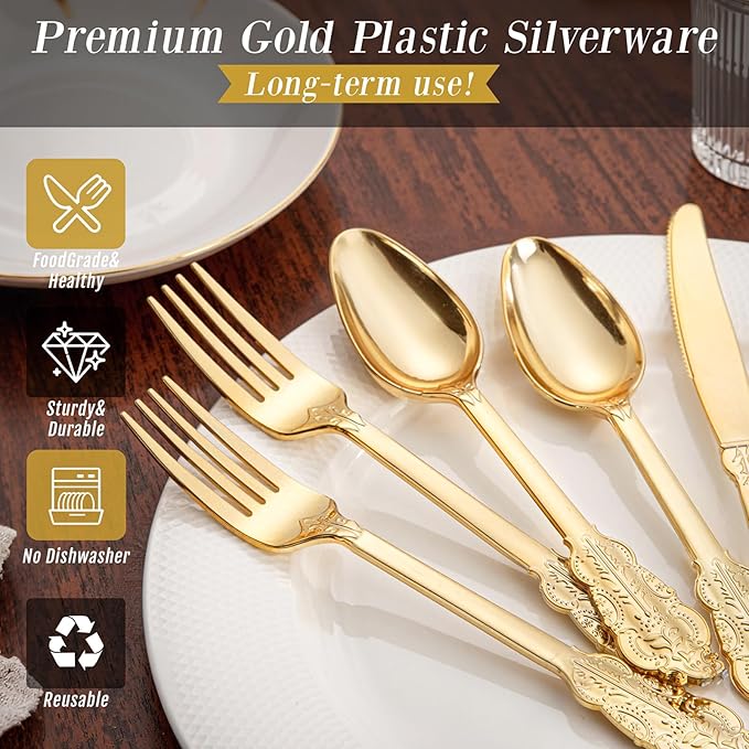 WDF 300 Pieces Gold Plastic Silverware Disposable - Heavy Duty Plastic Cutlery - Gold Silverware Sets Includes 100 Forks, 100 Spoons, 100 Knives for Baby Shower Wedding Spring