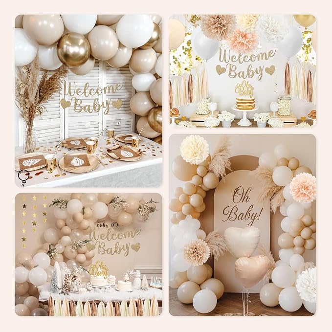 Baby Shower Decorations-Beige Cream Boho Neutral Balloons,Neutral Gender Reveal Party Supplies Welcome Baby Banner Paper Pom Poms Tassels,Cake Topper Star Decor for Baby Shower Decorations