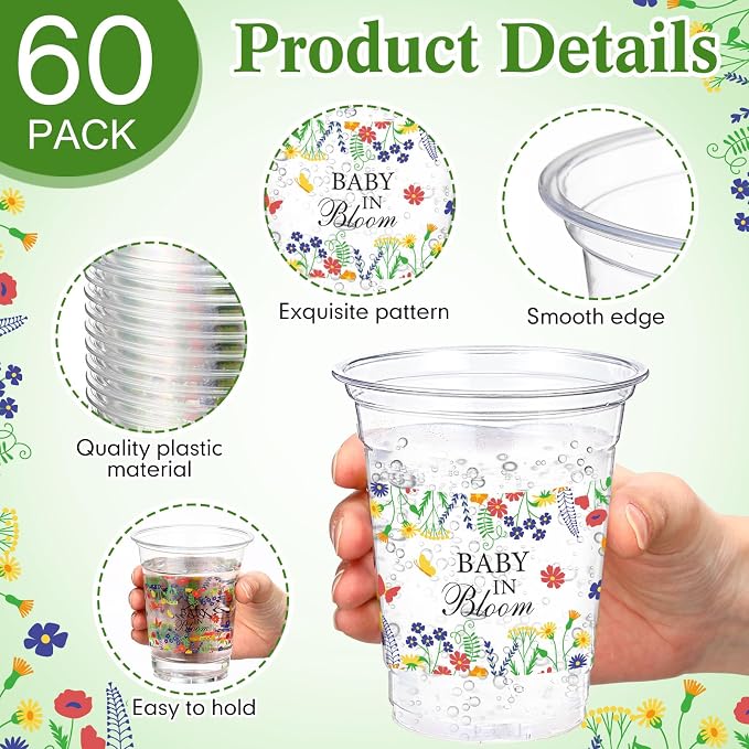 Funnymoom 60 Pack Baby In Bloom Baby Shower Decorations Cups 12 oz Wildflowers Floral Disposable Clear Plastic Drinking Cups Bulk for Summer Spring Birthday Party Decorations Supplies