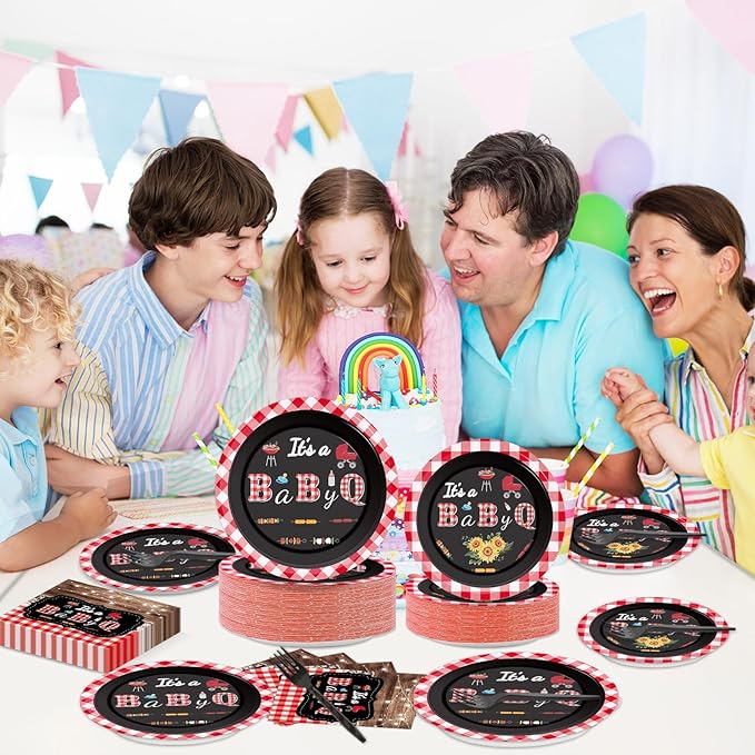 200pcs BBQ Baby Shower Plates Napkins Baby Q Paper Tableware Set It's A BabyQ Cake Dessert Disposable Dinnerware Rustic Barbecue Party Decoration for Baby Shower Birthday Decor Supplies Serves 50